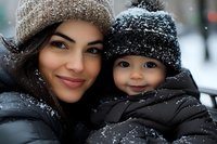 Young Hispanic mother and toddler son wearing winter hats and coats smile at camera while snowflakes fall around them during outdoor winter day.