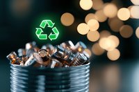 Glowing green recycling symbol above scattered metal batteries in container with bokeh lights background, highlighting environmental sustainability concept.