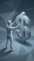 Low poly geometric male figure touching a large dollar sign symbol on a blue polygonal background, representing finance and investment.