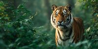Majestic Bengal tiger with orange and black stripes standing alert in lush green forest, natural wildlife habitat with soft bokeh background.