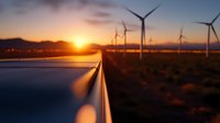 Solar panels and wind turbines at sunset, renewable energy farm with dramatic orange sky and sun rays reflecting on photovoltaic surface in rural landscape.