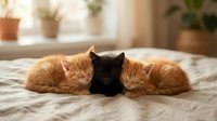 Three adorable sleeping kittens, two orange tabby and one black, cuddled together on a soft bed in a cozy sunlit room.