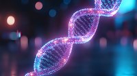 Glowing DNA helix structure with pink and blue neon particles on dark background, genetic research concept for medical and scientific visualization.