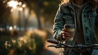 Person in denim jacket holding coffee cup while standing with bicycle on city street at sunset with warm bokeh lights creating atmospheric urban scene.