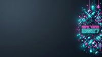 Neon glowing circuit board design with "New Year 2027" text in cyan and magenta colors on dark background for holiday celebrations and futuristic themes.
