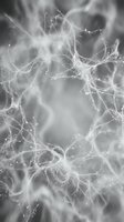 Abstract monochrome fibers forming an ethereal circular network with glowing particles, creating a mystical web texture on gray background.