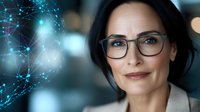 Professional middle aged woman wearing glasses smiles confidently against blurred background with digital network visualization overlay, representing business technology and innovation.