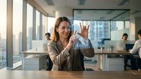 Professional businesswoman making OK hand gesture in modern office environment with colleagues working in background during bright daylight hours.