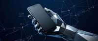 Futuristic robotic hand holding modern smartphone against dark blue digital network background with glowing connections and data visualization elements.