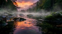 Misty river flowing through forested valley at sunrise with moss-covered rocks, golden light reflecting on water, atmospheric landscape for nature and travel projects.