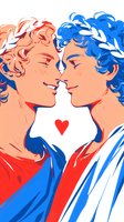 Romantic couple in red and blue tones with laurel wreaths facing each other, noses touching, heart symbol between them, artistic line drawing style on white background.