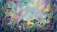 Enchanted forest floor with glowing mushrooms and swirling plants in watercolor style, featuring magical fungi in gold, purple, and teal tones for fantasy artwork and mystical designs.