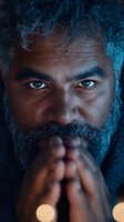 Close-up portrait of mature bearded man with intense gaze in dramatic blue lighting, hands clasped near face, soft bokeh lights in foreground creating mysterious atmosphere.