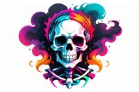 Colorful skull with headphones surrounded by vibrant smoke in neon pink, orange, and turquoise colors against white background, music themed artistic illustration.