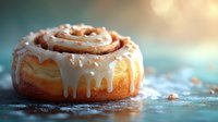 Freshly baked cinnamon roll with creamy white vanilla glaze dripping down sides, close-up view on turquoise background showing gooey texture and swirled layers.