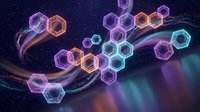 Futuristic hexagonal molecular structures floating in space with glowing neon lights and flowing energy streams on dark background for technology concepts.