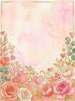 Watercolor floral border frame with roses, hearts, and botanical elements on soft pink and cream background, isolated on transparent space for greeting cards, invitations, and design projects.