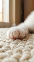 Close-up of white cat paw with pink pads resting on beige carpet indoors. Soft fur detail captures feline anatomy for pet care, veterinary, and animal behavior content.