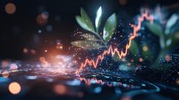 Growing plant sprout with financial chart overlay showing market growth trend, glowing particles and bokeh effects on dark background. For business concept.