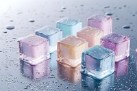 Colorful translucent ice cubes with water droplets on reflective surface creating refreshing summer beverage concept for cooling drinks and cocktails.
