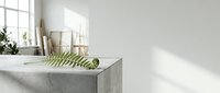 Minimalist concrete shelf with green plant, rolled papers, and candle against white wall with natural sunlight for home decor and interior design projects.
