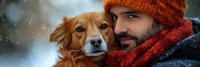 Bearded man in orange knit hat and red scarf embracing golden retriever dog outdoors during snowfall, close-up winter portrait with bokeh background.
