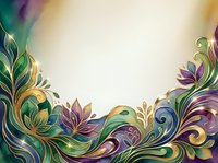 Elegant floral ornamental frame with gold, purple, and green swirls on a light background, perfect for invitations and greeting cards.