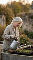 Senior woman with gray hair watering seedlings in raised garden bed during golden hour. Elderly gardener tending plants in backyard vegetable garden.