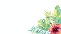 Tropical foliage and hibiscus flower arrangement with palm fronds and green leaves on white isolated background, suitable for design projects.
