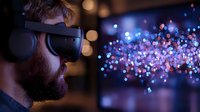 Young bearded man in VR headset experiencing virtual reality with glowing blue and purple bokeh light effects streaming from device. Futuristic gaming concept.
