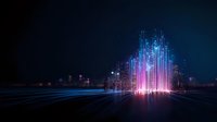 Futuristic digital cityscape with glowing neon lines rising vertically against dark background, purple and blue light streams creating modern metropolis silhouette.