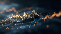 Financial data visualization with glowing cityscape and upward trending graph lines representing market growth and stock performance analysis.