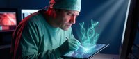 Middle-aged Caucasian male surgeon in scrubs examining holographic DNA strands on tablet in modern operating room with advanced medical technology.