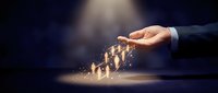 Businessman hand releasing glowing golden dominoes in ascending pattern, symbolizing business growth, success strategy, and chain reaction effect for corporate concepts.