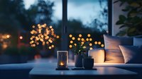 Cozy evening atmosphere with glowing bokeh lights through window, candlelight on table with decorative pillows and houseplant creating warm ambiance at dusk.