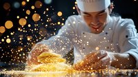 Young Asian male chef creating culinary magic with flour dust and golden bokeh lights in professional kitchen, dramatic lighting captures cooking passion and skill.