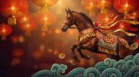 Majestic brown horse with ornate golden saddle and red ribbons leaping through clouds against warm bokeh background with traditional red lanterns for festive designs.