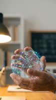 Hand holding glowing digital globe with interconnected network lines, representing global connectivity, data transfer, and technology innovation in modern office environment.
