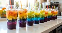 Row of colorful rainbow layered drinks with straws on kitchen counter. Vibrant gradient beverages for summer parties and celebrations.