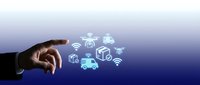 Businessman hand touching digital icons of connected vehicles, drones, and wireless technology symbols representing IoT and smart transportation solutions.