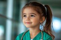 Young girl in green medical scrubs smiling warmly with ponytail hairstyle against blurred hospital background, representing future healthcare aspirations and youth ambition.