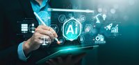 Businessman touching holographic AI interface with digital icons and data analytics on futuristic technology screen for business automation and machine learning.