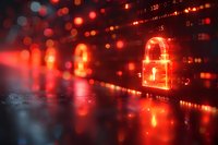 Digital padlock icon glowing red against dark background with bokeh lights and binary code, representing cybersecurity threat and data protection concept.