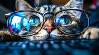 Close up portrait of gray tabby cat wearing glasses with blue reflection in lenses, lying near computer keyboard. Macro shot with shallow depth of field.