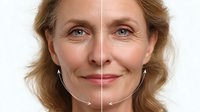 Before and after comparison of middle-aged Caucasian woman showing anti-aging treatment results with visible reduction in wrinkles and improved skin texture on white background.