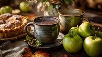 Rustic autumn scene with ceramic mugs of hot drink, fresh green apples, and homemade pie on wooden table with fall leaves and cozy atmosphere.