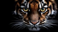 Close up portrait of majestic tiger face with intense green eyes and detailed fur pattern against dark background, showcasing powerful feline features and whiskers.