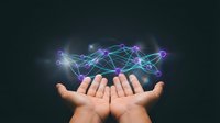 Two open hands holding a glowing network of connected nodes and lines in purple and cyan, representing digital connectivity, data transfer, and technology innovation.