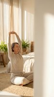 Middle-aged Caucasian woman practicing morning yoga stretches in sunlit bedroom with natural light streaming through curtains creating peaceful wellness atmosphere.