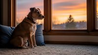 Brown and white dog sitting by window watching sunset from cozy indoor home setting with warm lighting and comfortable carpet flooring.